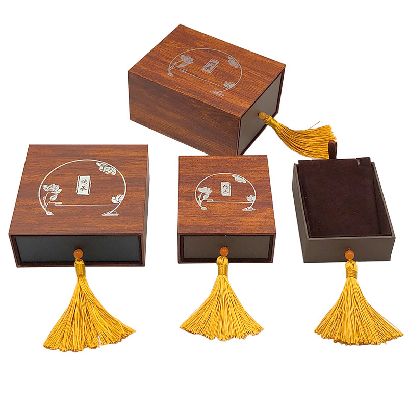 木纹传承抽屉流苏首饰盒翡翠吊坠盒手镯盒平安扣把件收纳手串盒